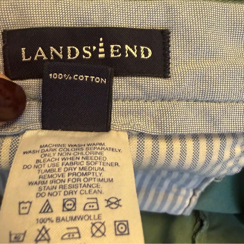 Lands' End 35” waist Green Cotton Shorts chinos khakis pleated front colored